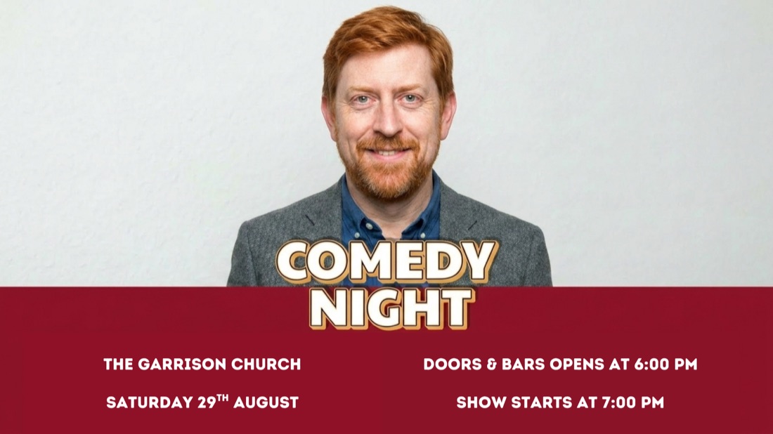 KCD Comedy Night poster — Saturday 29th August at The Garrison Church
